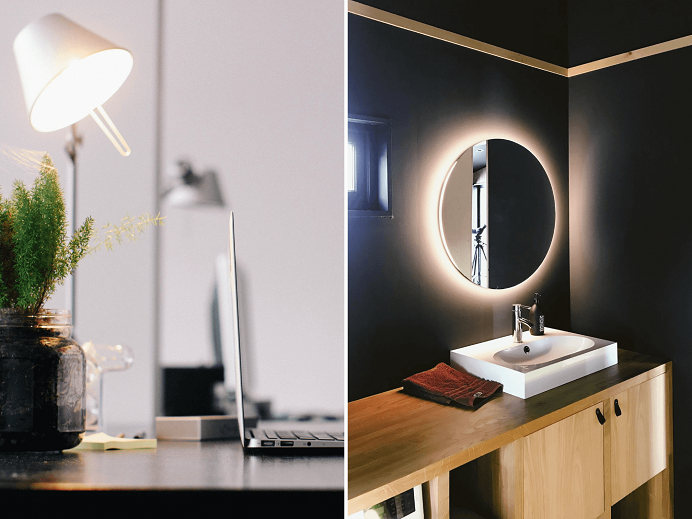 Účelové osvetlenie v podobe stolovej lampy a osvetlenom zrkadle